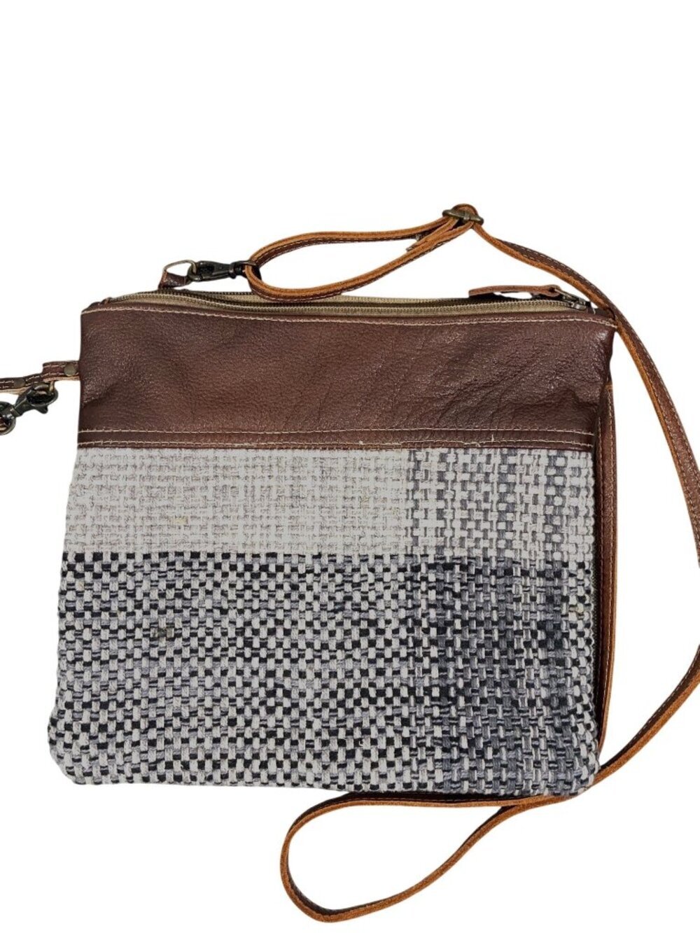 Myra Bag Brown Leather & Woven Crossbody With Adjustable western hippie